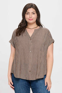 PINSTRIPED MOCHA BUTTON DOWN TOP