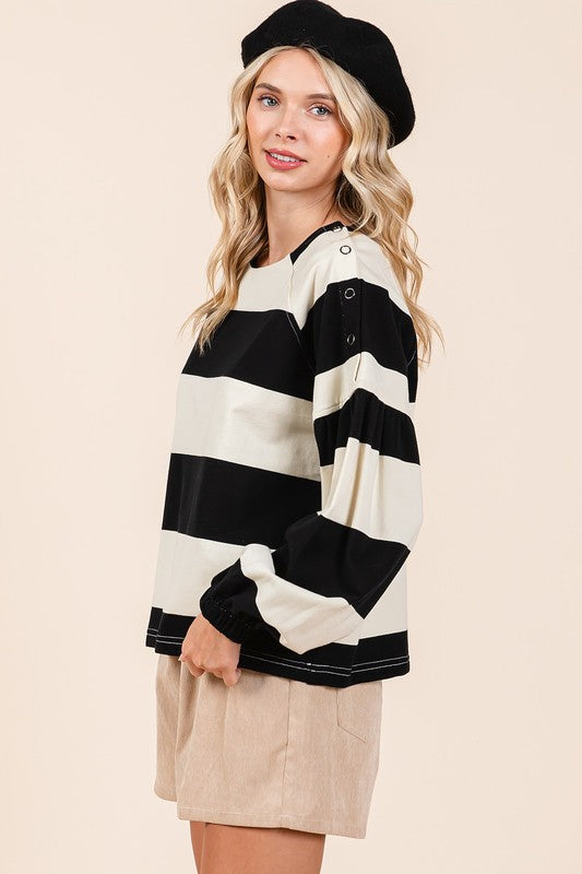 Striped Shoulder Button Detail Long Sleeve Top