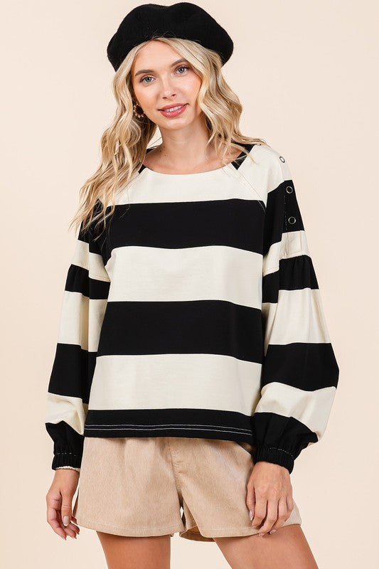 Striped Shoulder Button Detail Long Sleeve Top