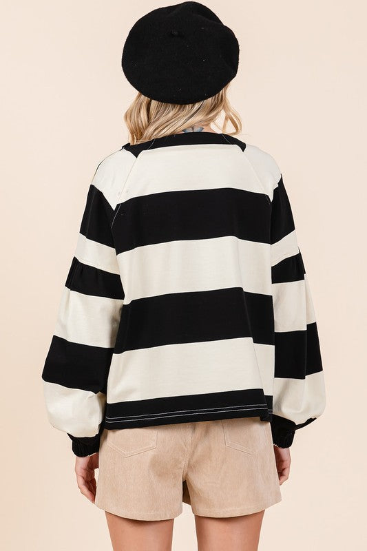 Striped Shoulder Button Detail Long Sleeve Top