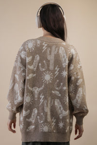 Mocha Oversized Western Graphic Knit Sweater Cardigan