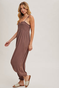 MOCHA SMOCKED SHOULDER TIE ROMPER