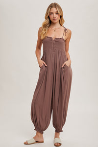 MOCHA SMOCKED SHOULDER TIE ROMPER