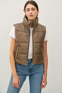 FAUX LEATHER PUFFER VEST | BROWN