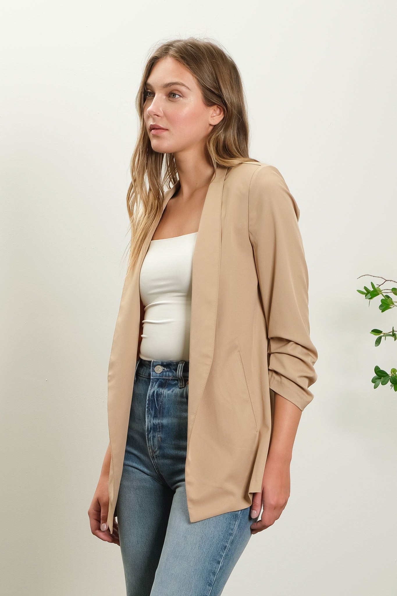 Khaki Collarless 3/4 Ruched Sleeve Longline Blazer