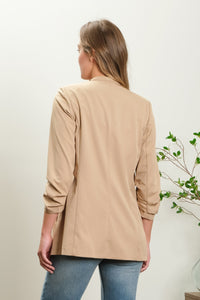 Khaki Collarless 3/4 Ruched Sleeve Longline Blazer