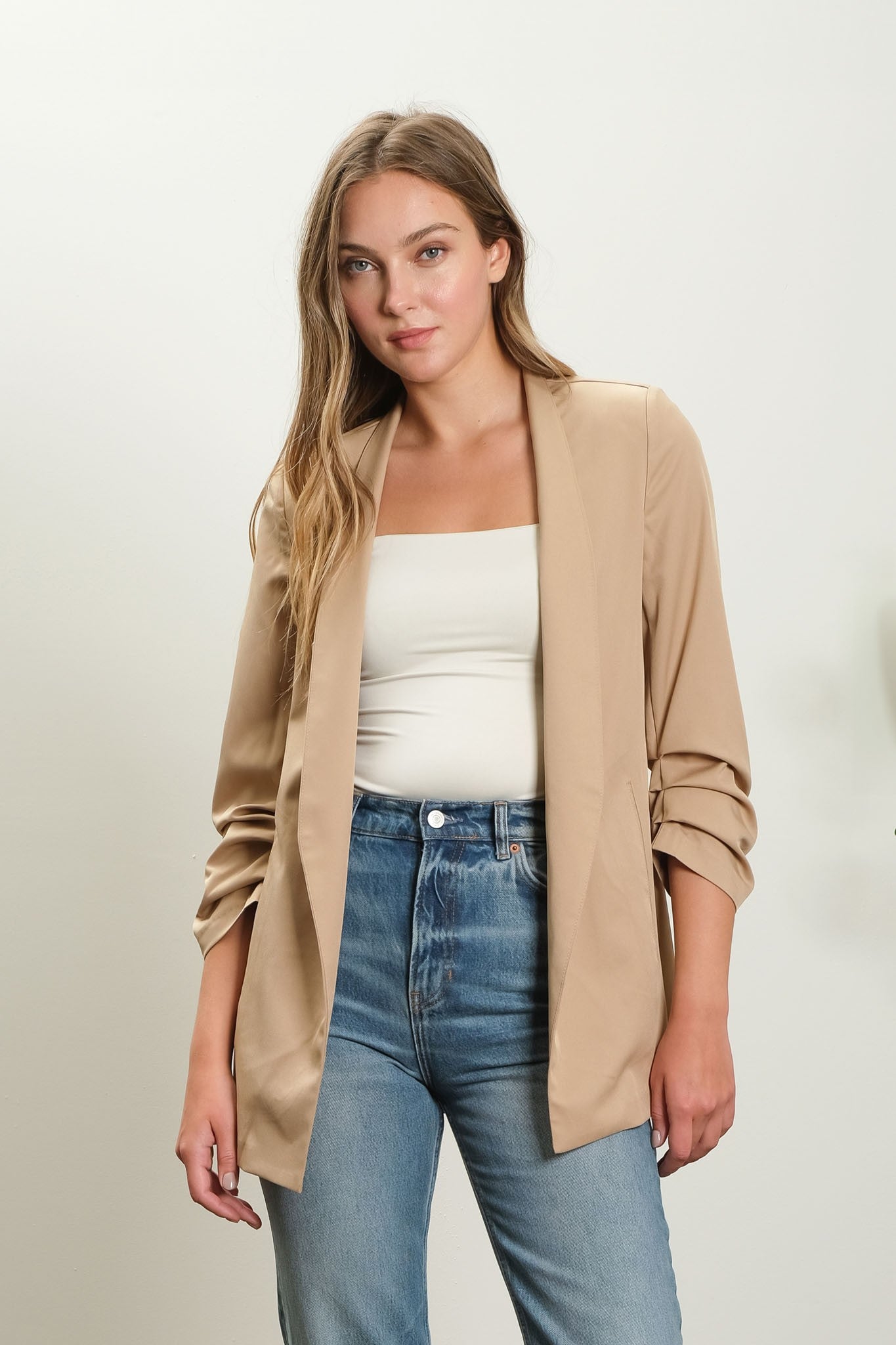 Khaki Collarless 3/4 Ruched Sleeve Longline Blazer