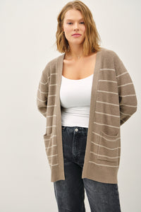 MOCHA STRIPED OPEN FRONT CARDIGAN