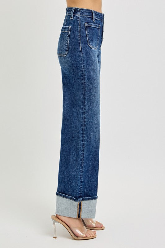 RISEN: HIGH RISE ANKLE WIDE BUTTON DOWN CUFFED JEANS