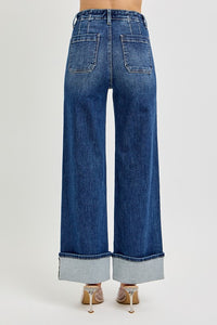 RISEN: HIGH RISE ANKLE WIDE BUTTON DOWN CUFFED JEANS