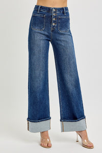 RISEN: HIGH RISE ANKLE WIDE BUTTON DOWN CUFFED JEANS
