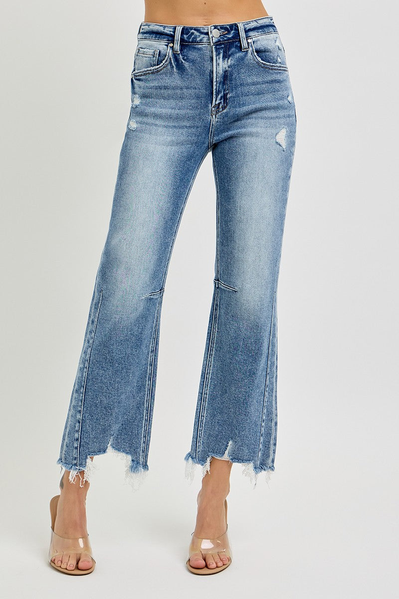 RISEN: High Rise Crop Straight Distressed Hem Jeans