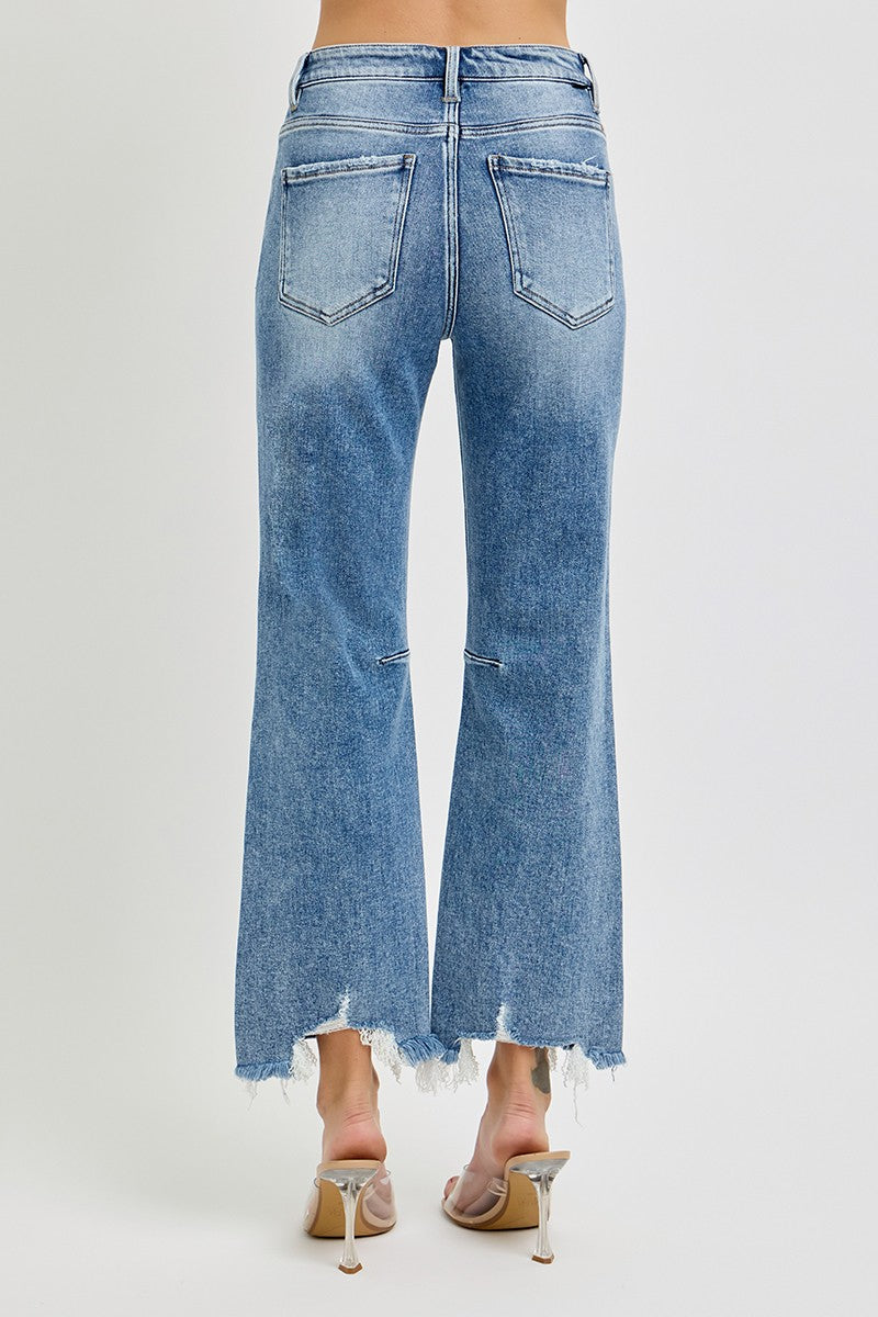 RISEN: High Rise Crop Straight Distressed Hem Jeans