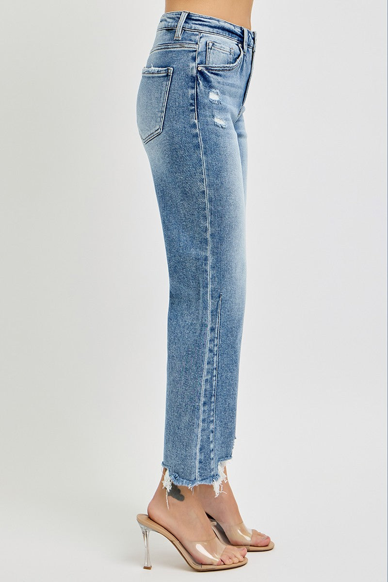 RISEN: High Rise Crop Straight Distressed Hem Jeans