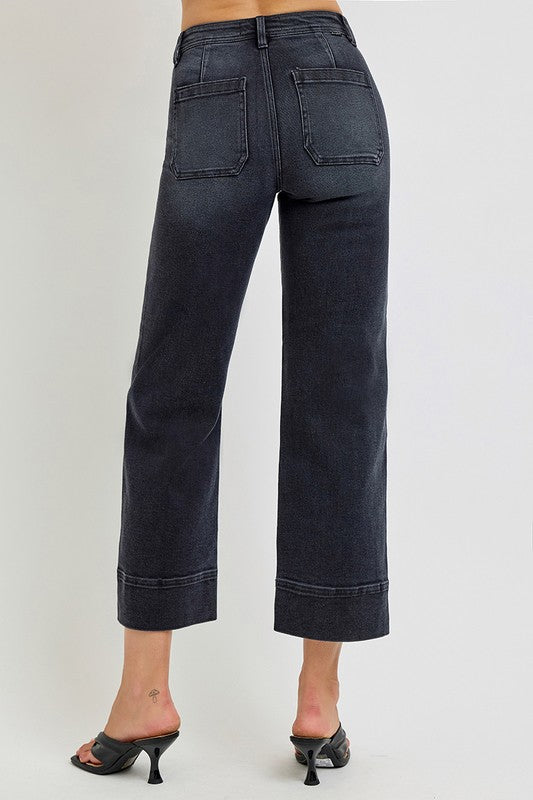 Black High Rise Crop Wide Jeans