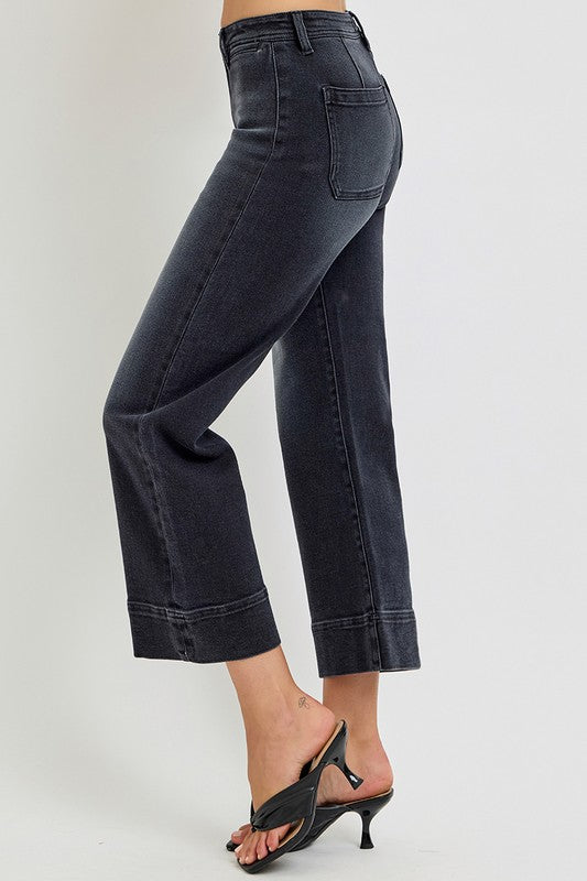 Black High Rise Crop Wide Jeans