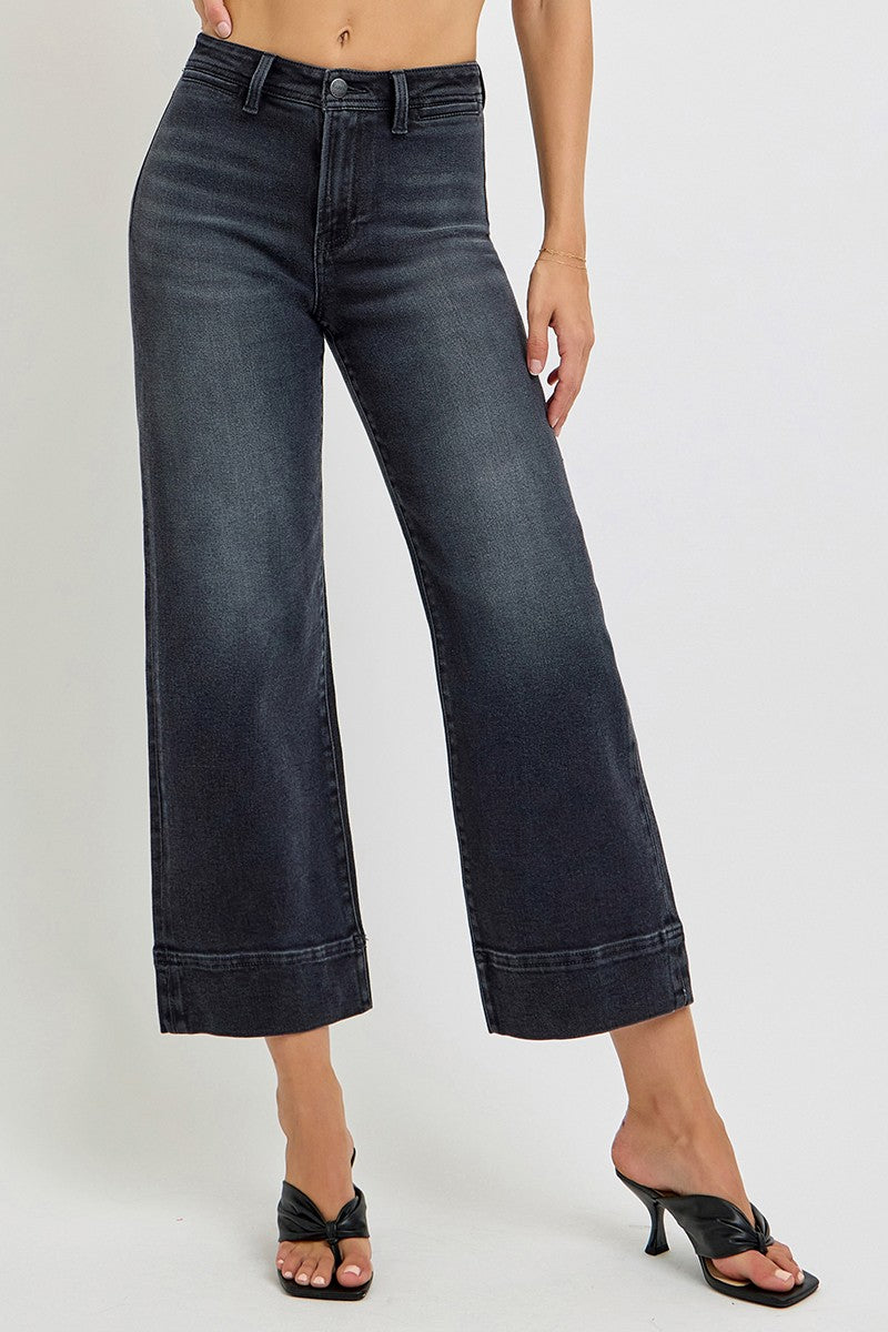 Black High Rise Crop Wide Jeans