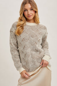 Tan Crew Neck Geo Textured Knit Sweater