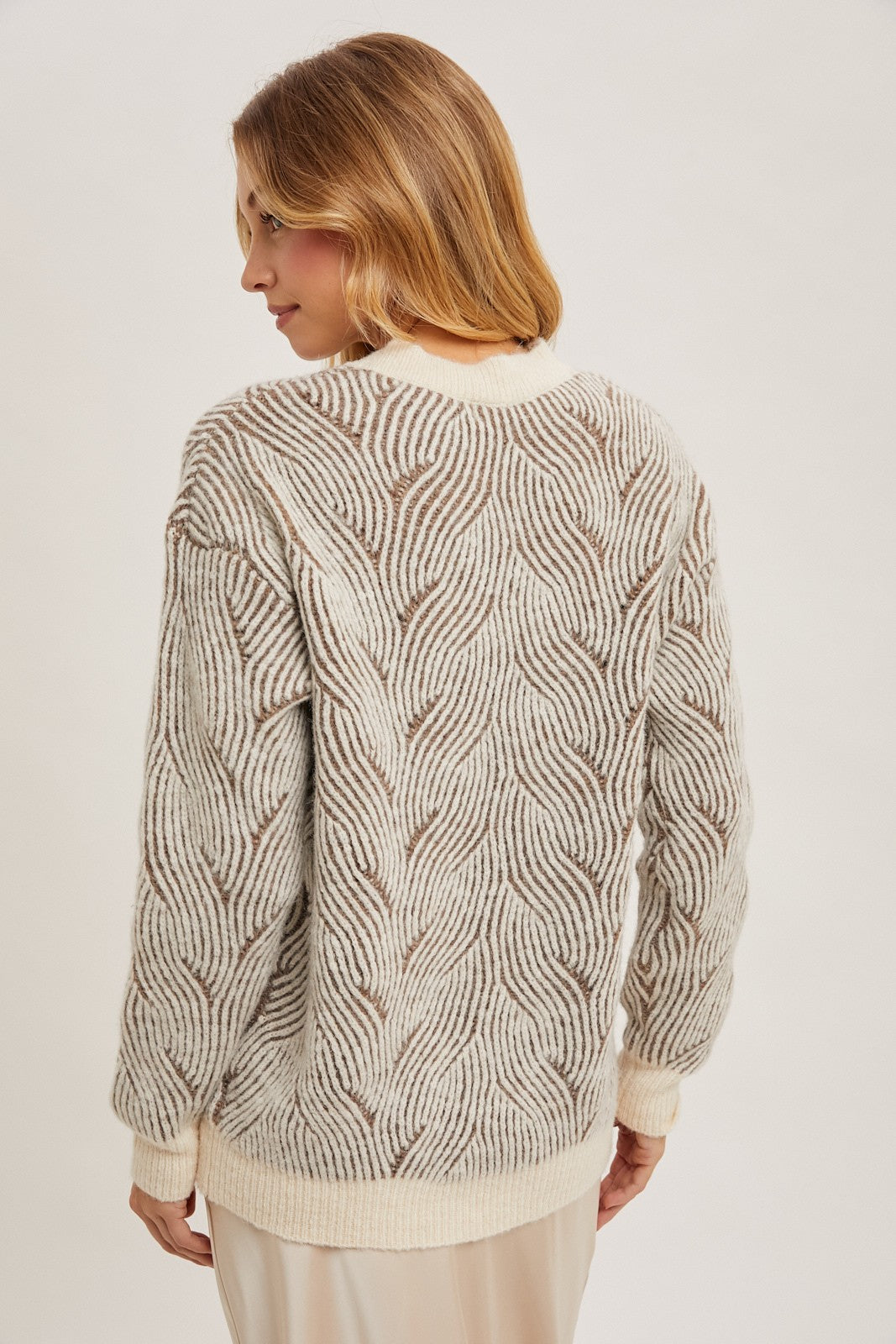 Tan Crew Neck Geo Textured Knit Sweater