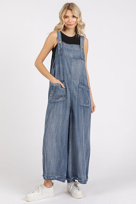 Washed Chambray Button Strap Wide Leg Jumpsuit