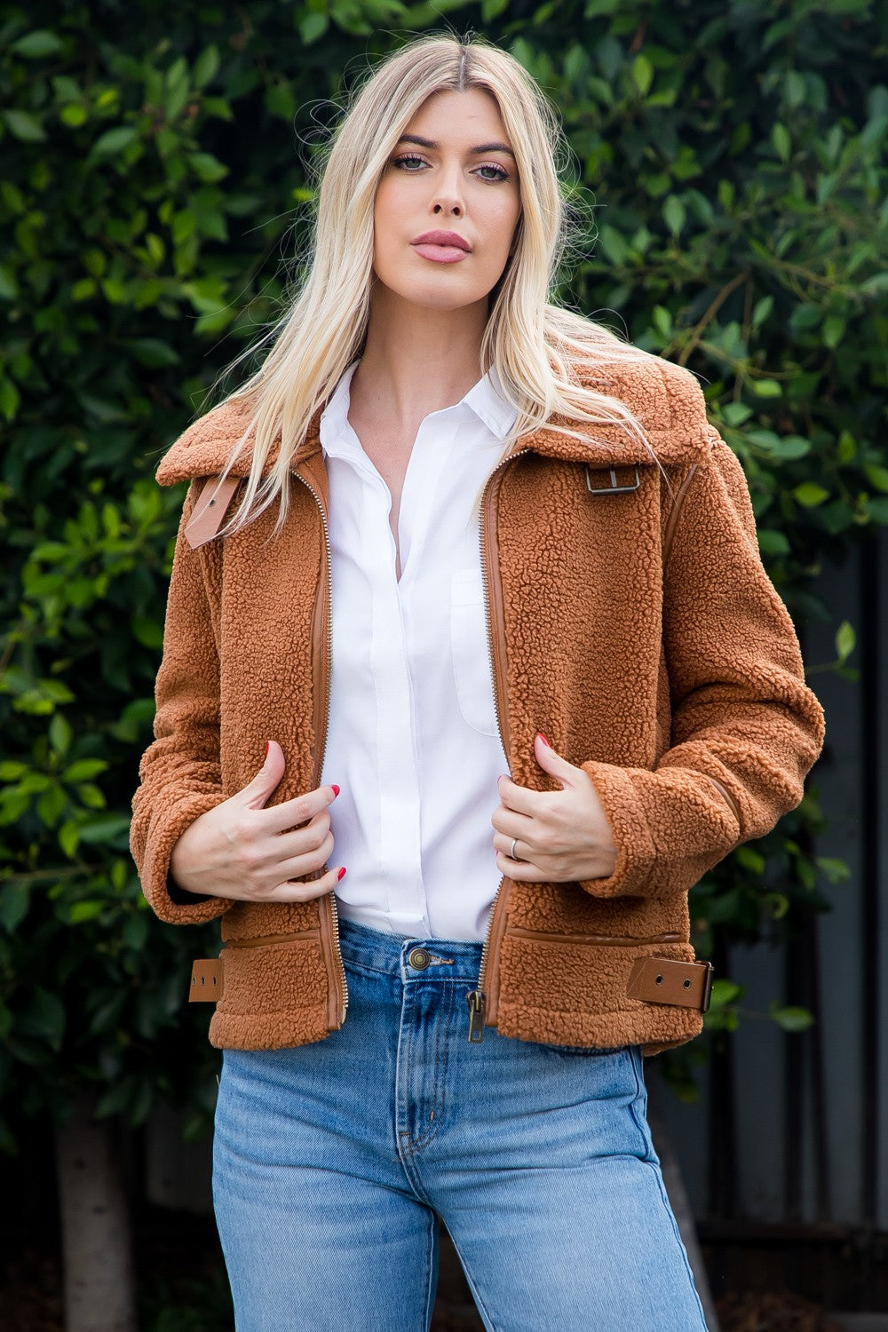 Camel Sherpa Jacket With Buckle Detail