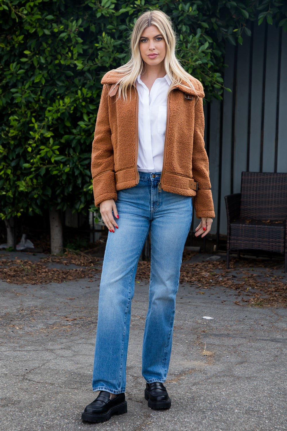 Camel Sherpa Jacket With Buckle Detail