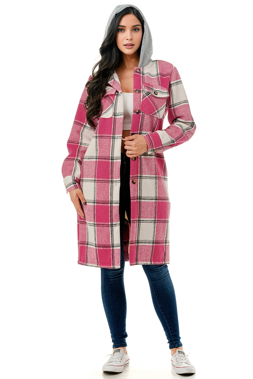 Pink Sherpa Lined Long Flannel Shacket
