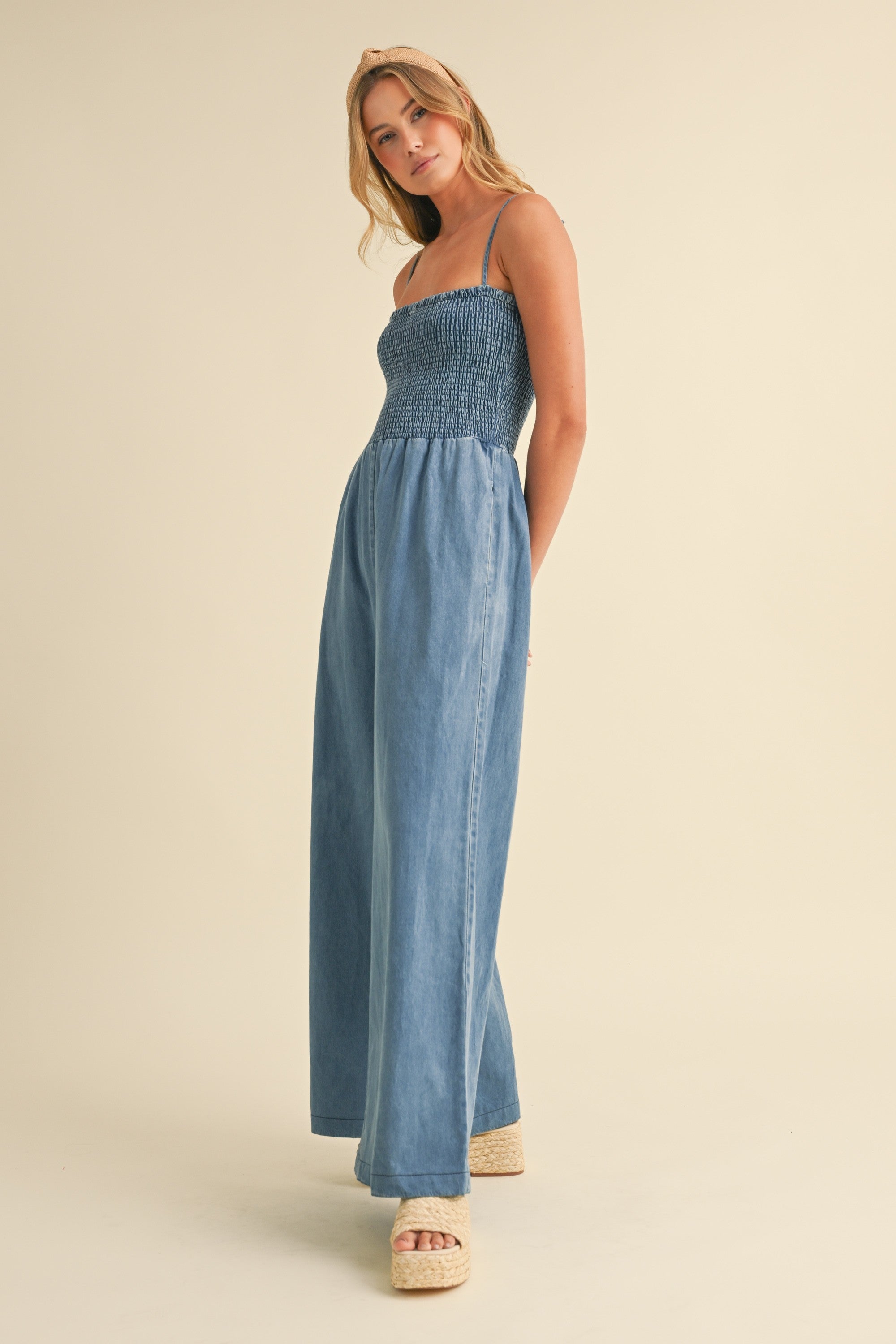 Smocked Spaghetti Strap Wide Leg Jumpsuit