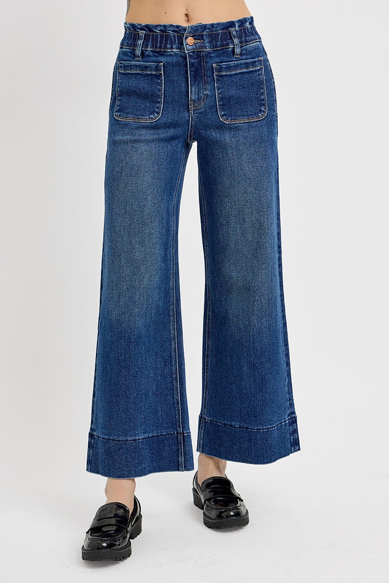 RISEN: Elastic Band High Rise Crop Wide Ruffle Band Jeans