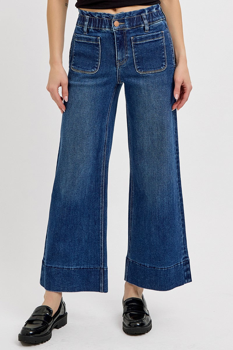 RISEN: Elastic Band High Rise Crop Wide Ruffle Band Jeans