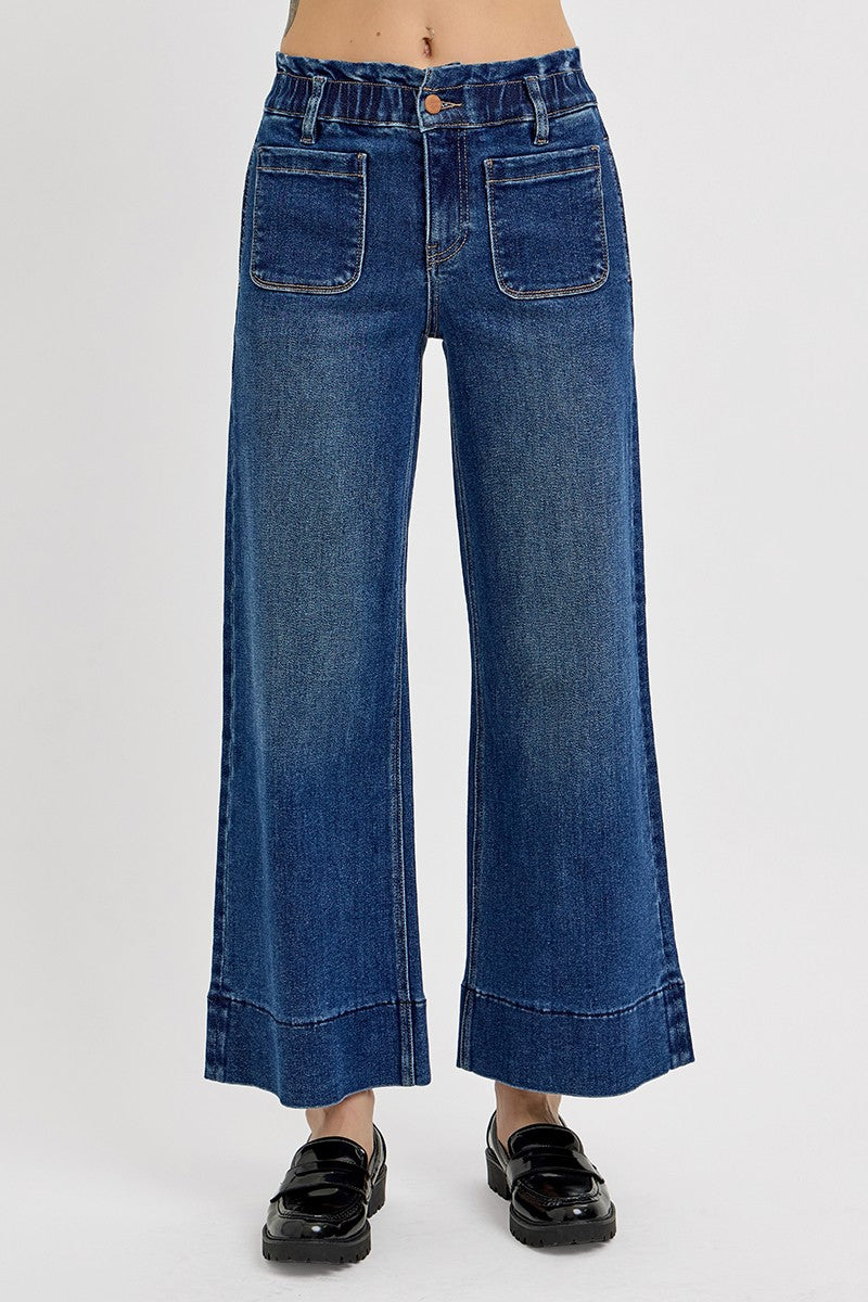 RISEN: Elastic Band High Rise Crop Wide Ruffle Band Jeans