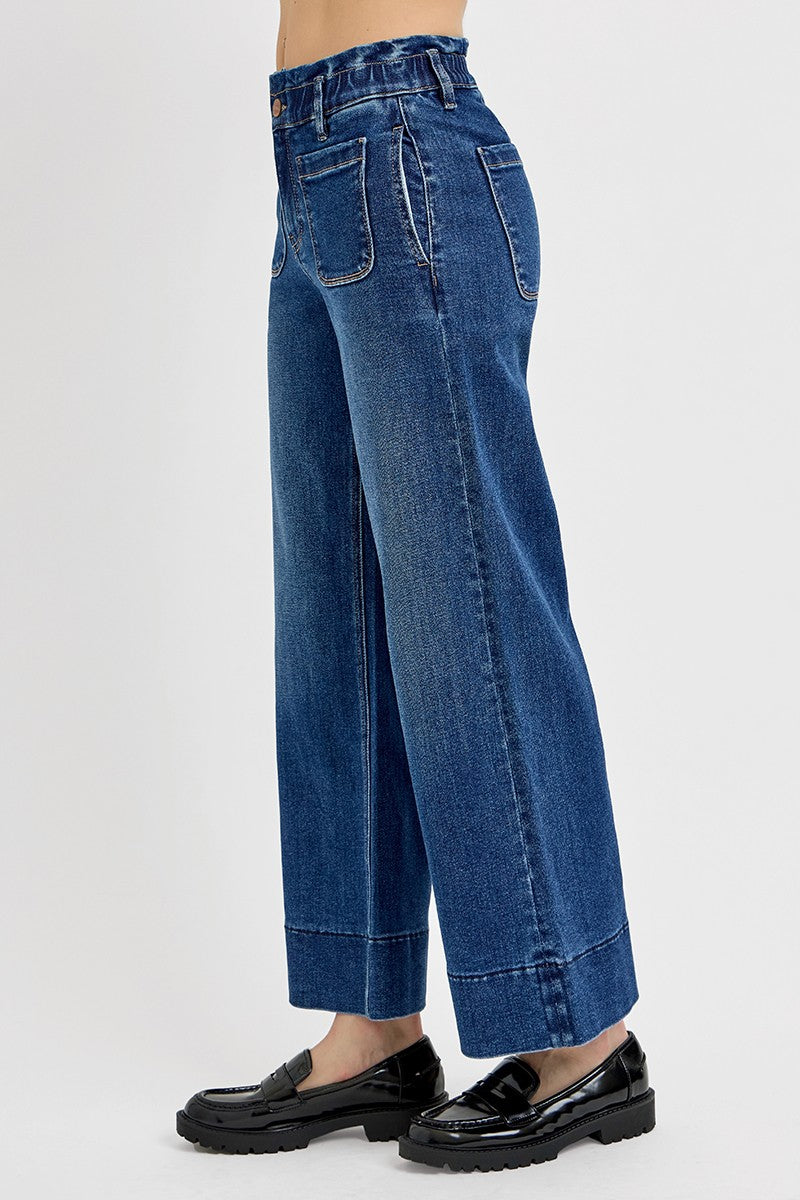 RISEN: Elastic Band High Rise Crop Wide Ruffle Band Jeans