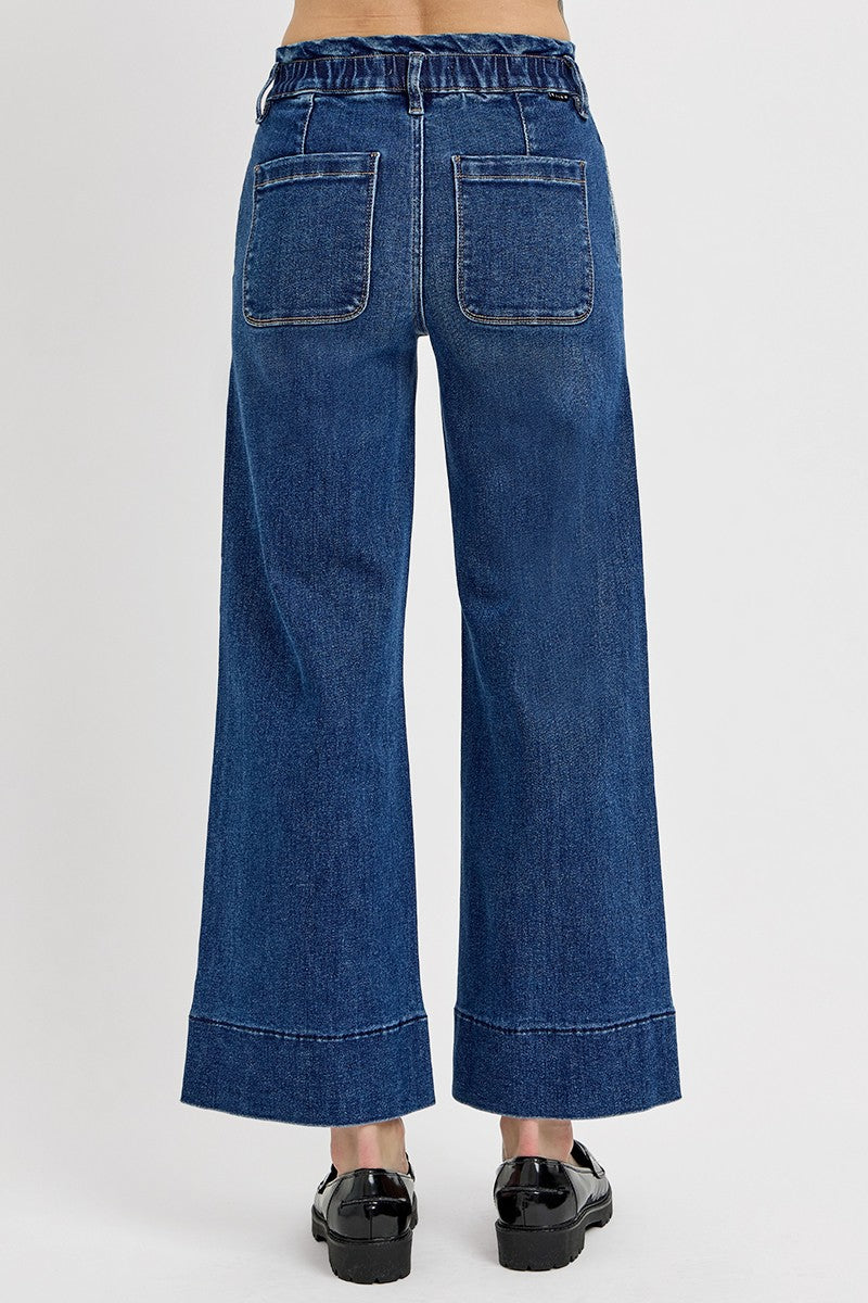 RISEN: Elastic Band High Rise Crop Wide Ruffle Band Jeans