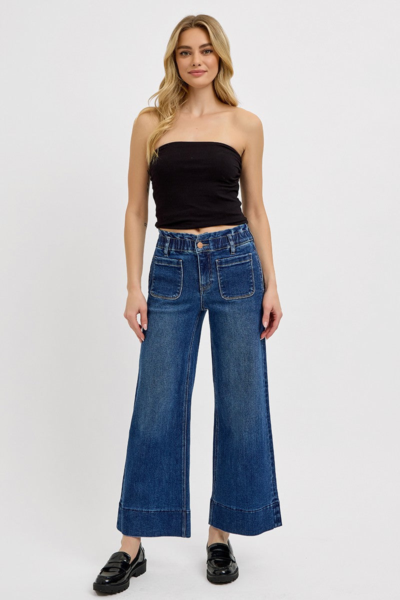 RISEN: Elastic Band High Rise Crop Wide Ruffle Band Jeans