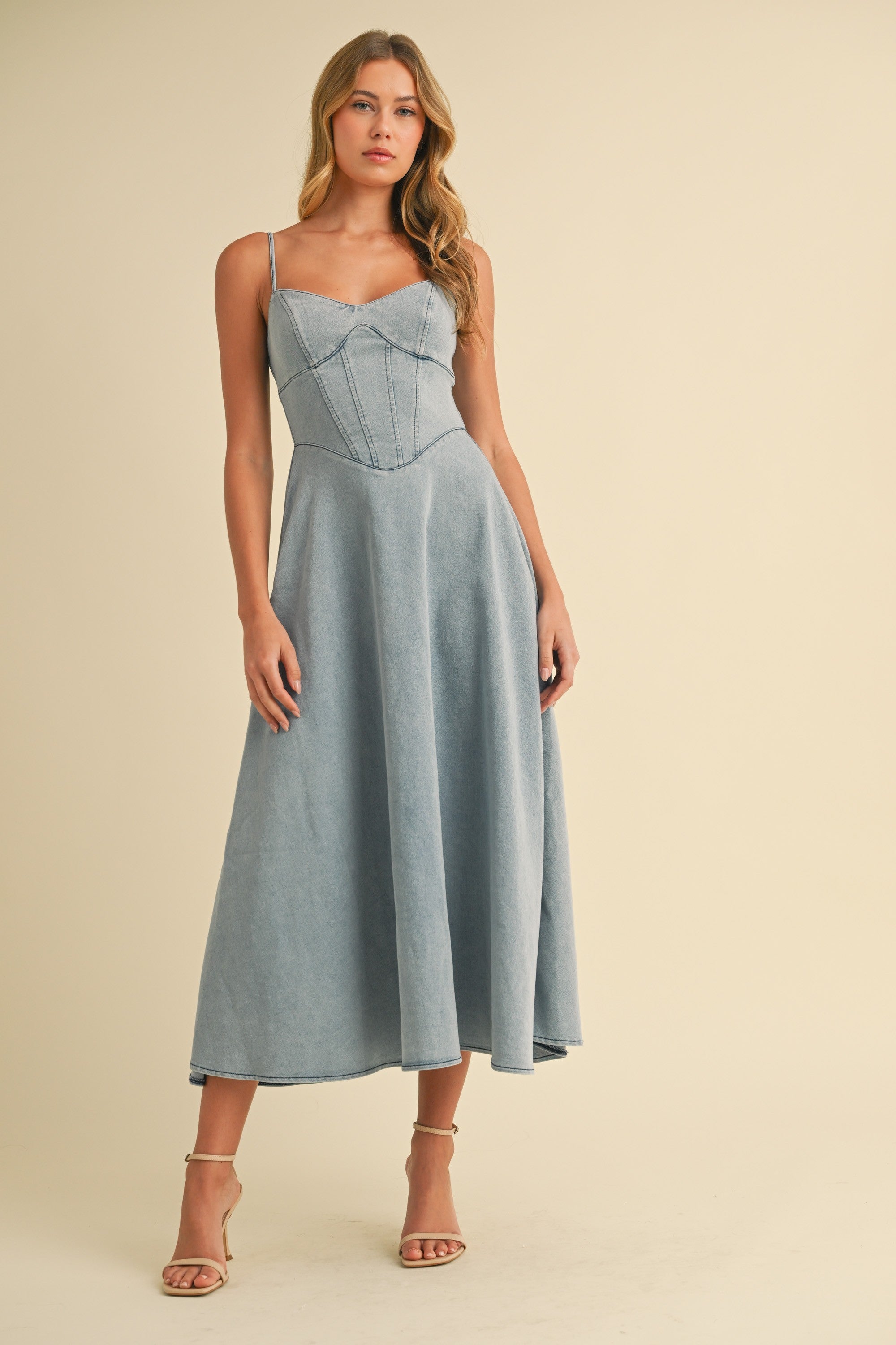 Denim Paneled A-line Midi Dress