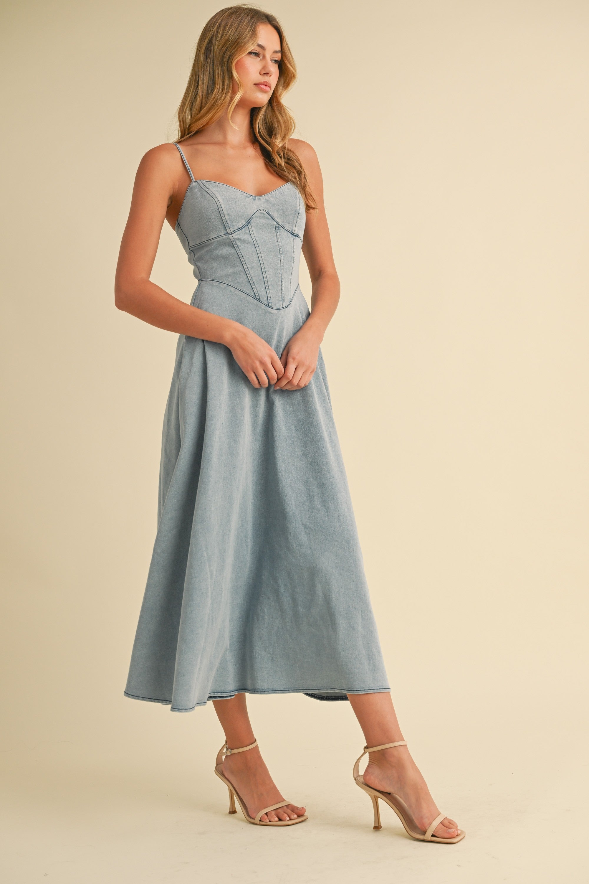 Denim Paneled A-line Midi Dress