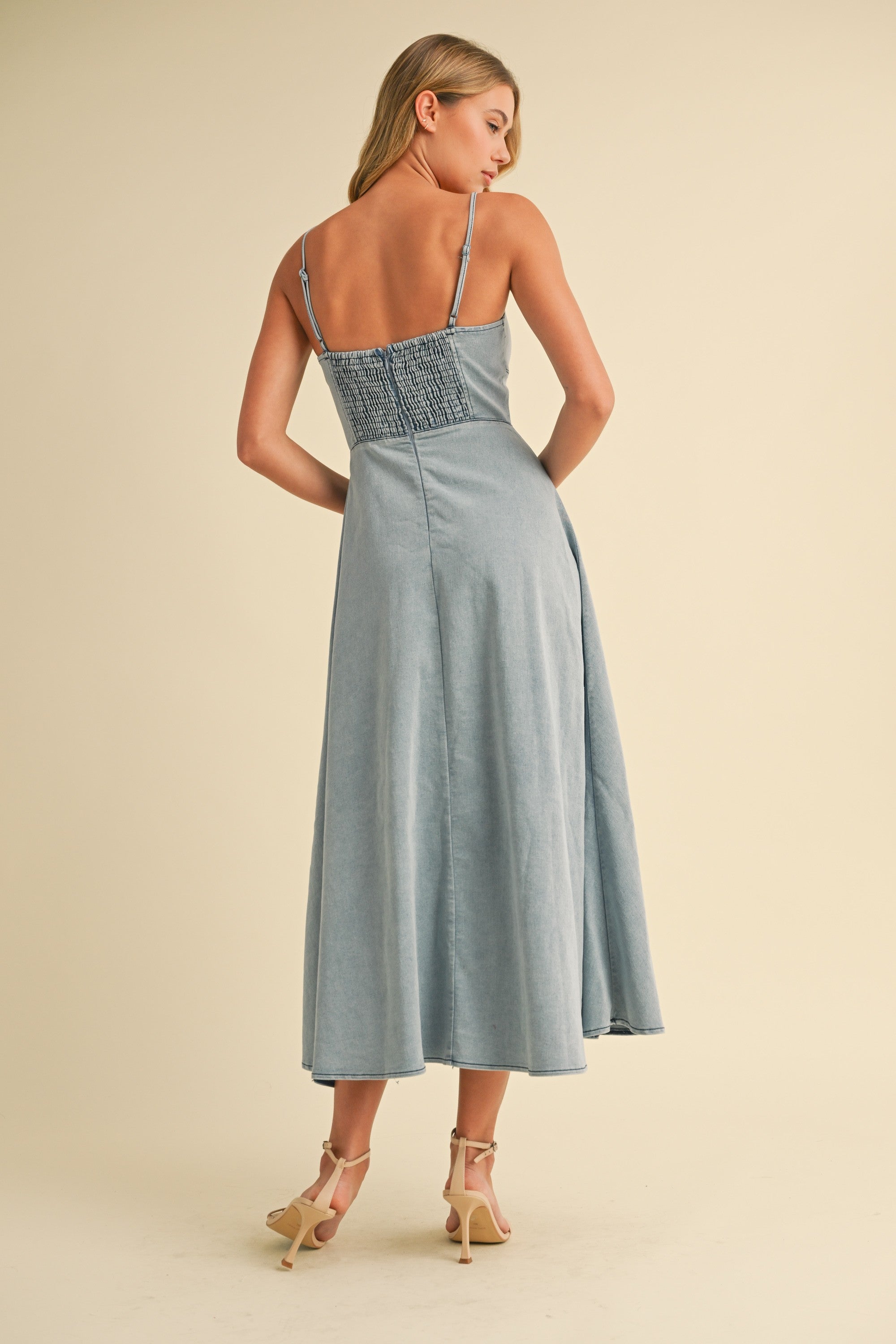 Denim Paneled A-line Midi Dress
