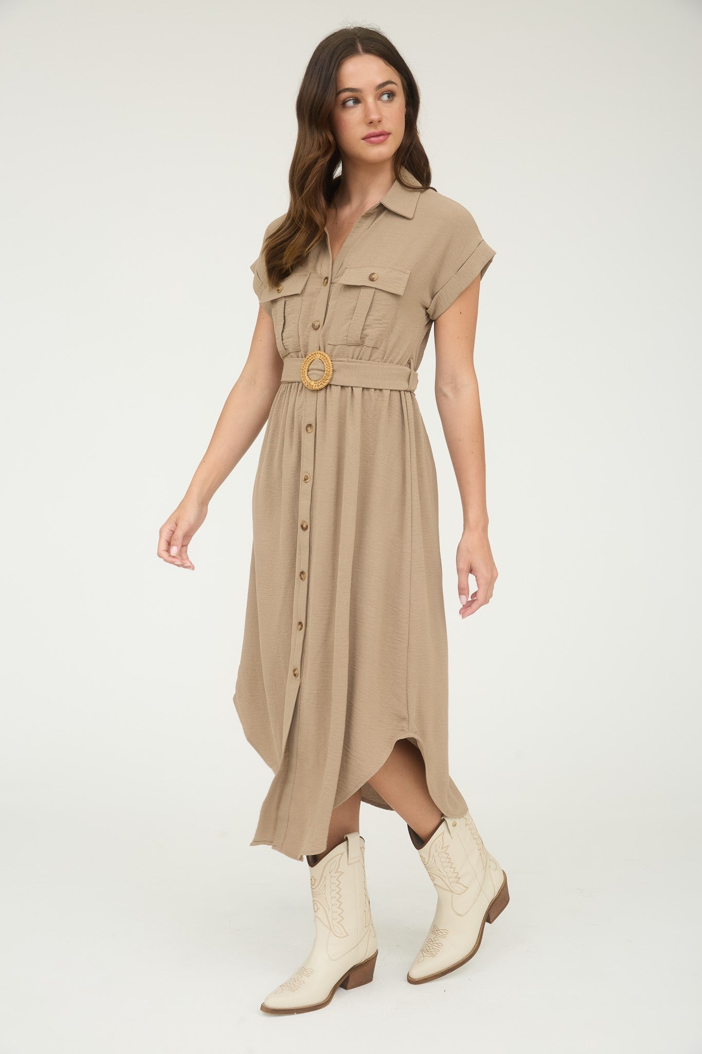 Beige Collared Button Down Belted Midi Dress