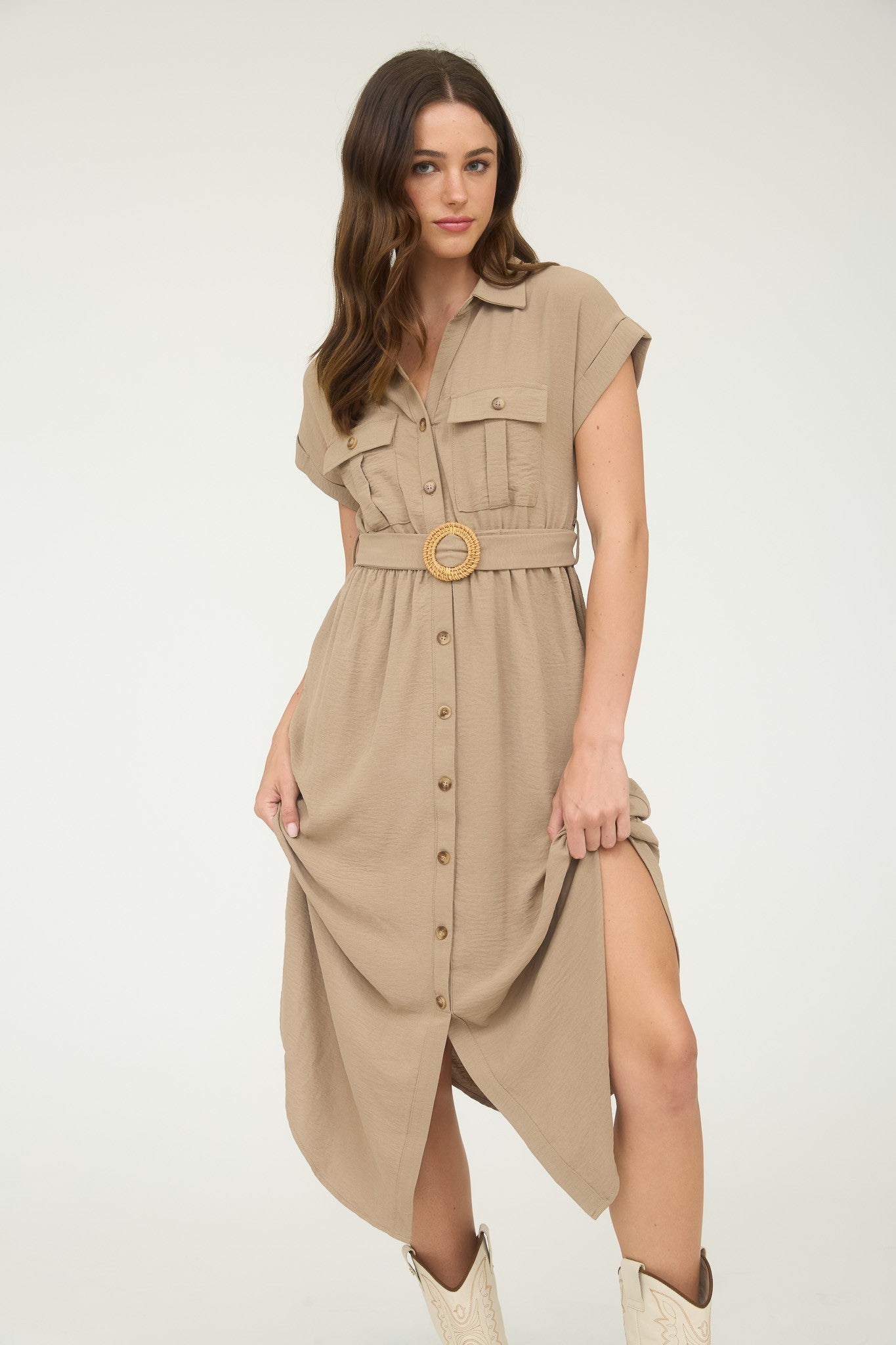 Beige Collared Button Down Belted Midi Dress