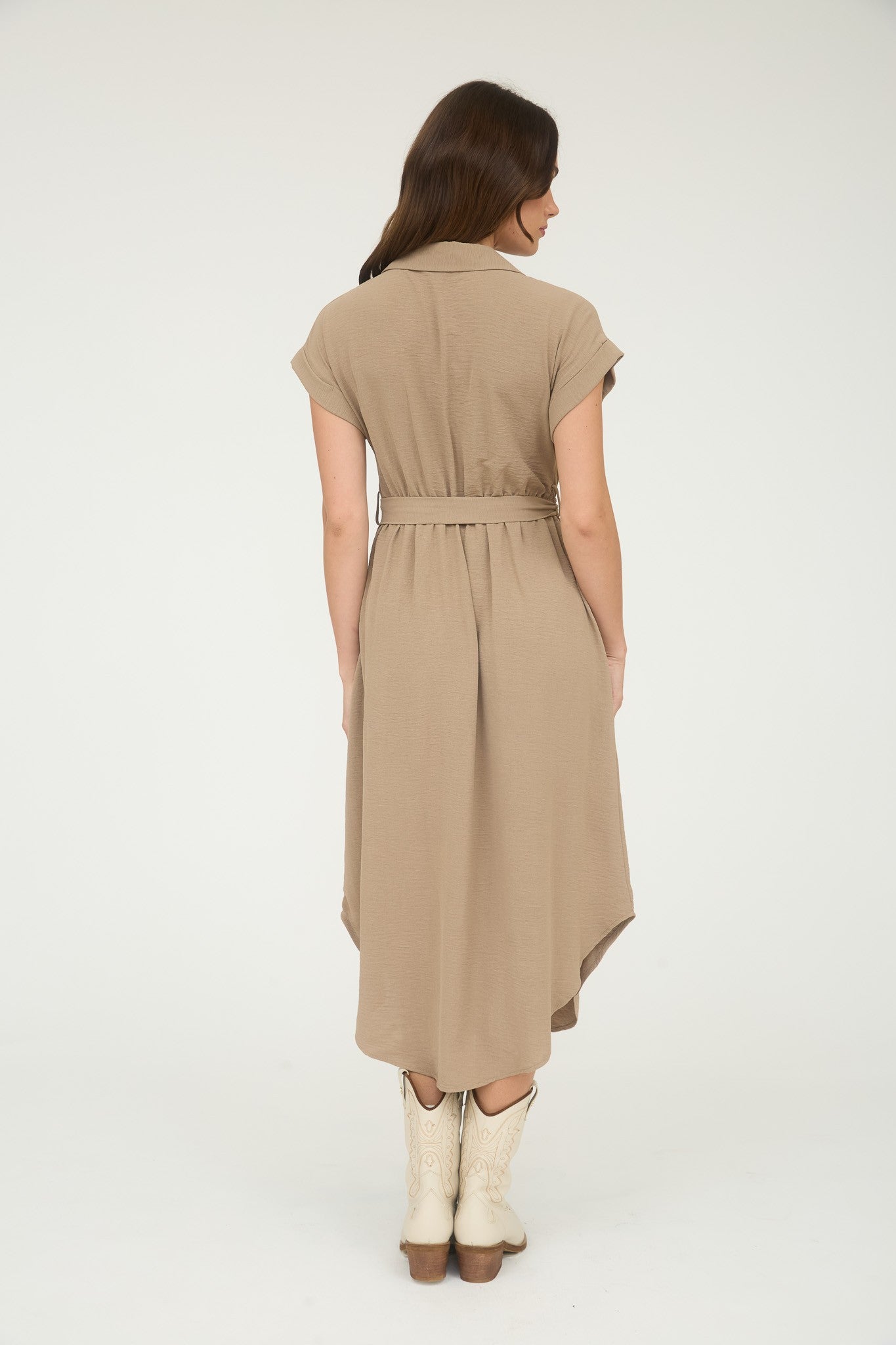 Beige Collared Button Down Belted Midi Dress
