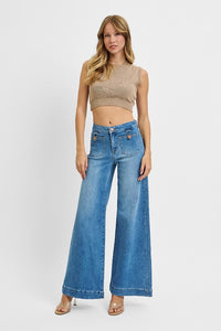 RISEN: MID RISE WIDE FRONT PATCH POCKET JEANS