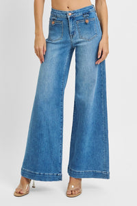 RISEN: MID RISE WIDE FRONT PATCH POCKET JEANS
