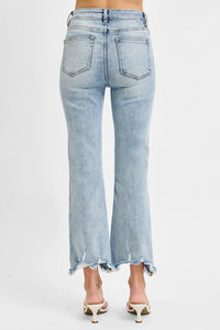 RISEN: HIGH RISE CROP FLARE FRAYED HEM JEANS