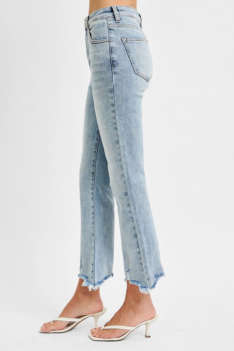 RISEN: HIGH RISE CROP FLARE FRAYED HEM JEANS