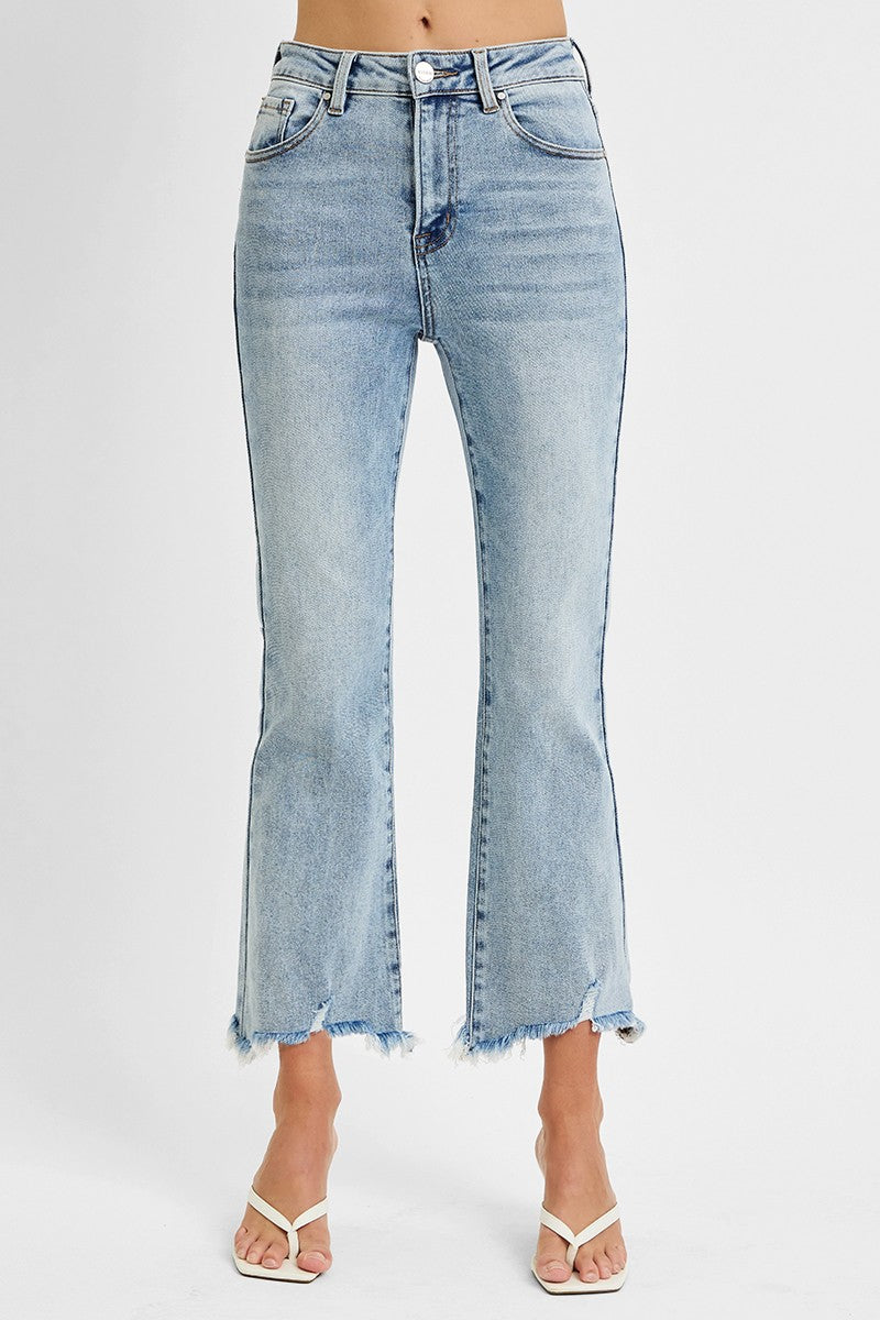 RISEN: HIGH RISE CROP FLARE FRAYED HEM JEANS