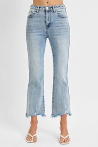RISEN: HIGH RISE CROP FLARE FRAYED HEM JEANS