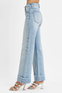 RISEN: Tummy Control High Rise Ankle Wide Cuffed Jeans