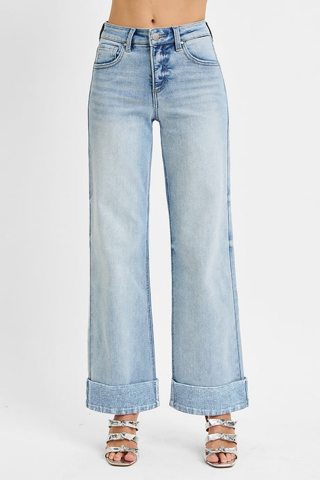 RISEN: Tummy Control High Rise Ankle Wide Cuffed Jeans