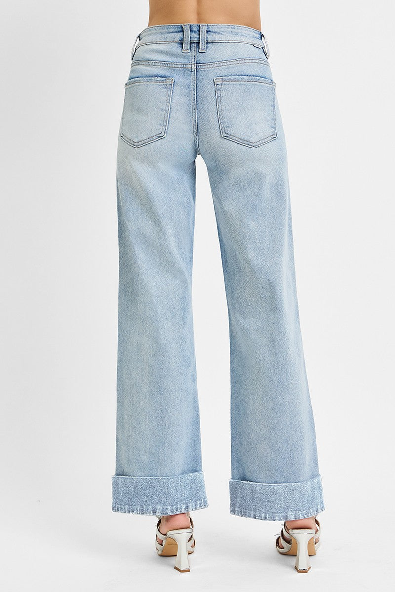 RISEN: Tummy Control High Rise Ankle Wide Cuffed Jeans