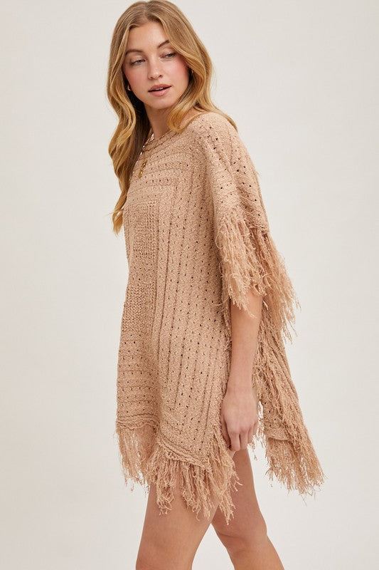 Western Fringed Knit Sweater Poncho